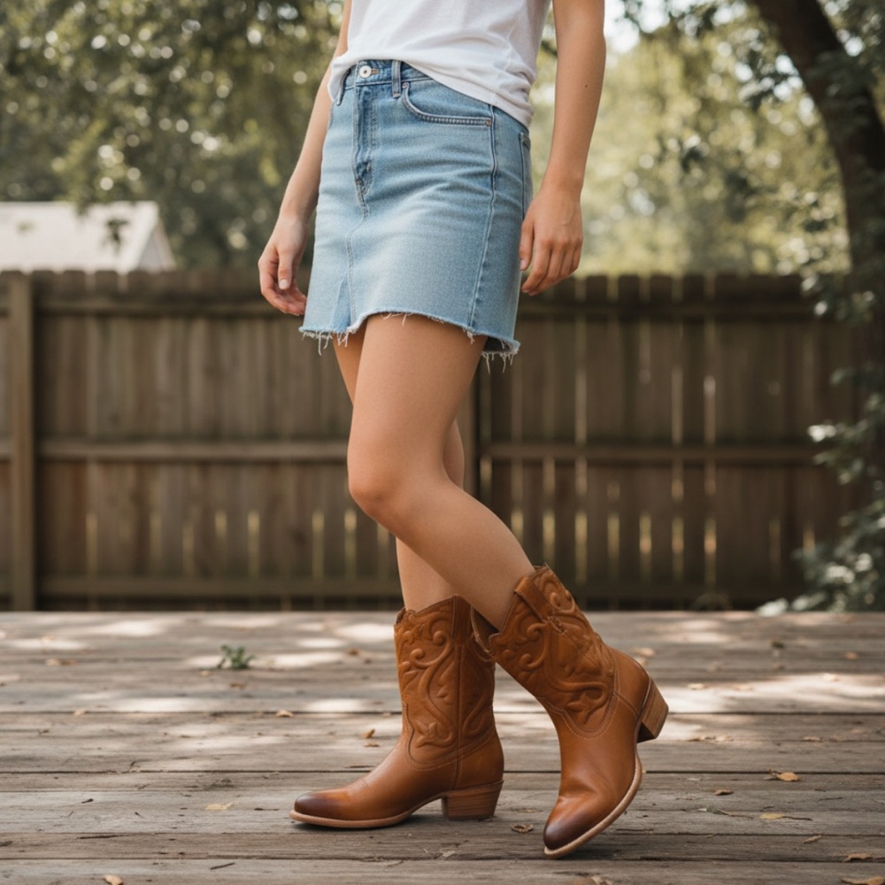 $399 Frye Floral Botanical Leaf Vine Cognac Brown Leather Cowboy Western Boot - Picture 5 of 15